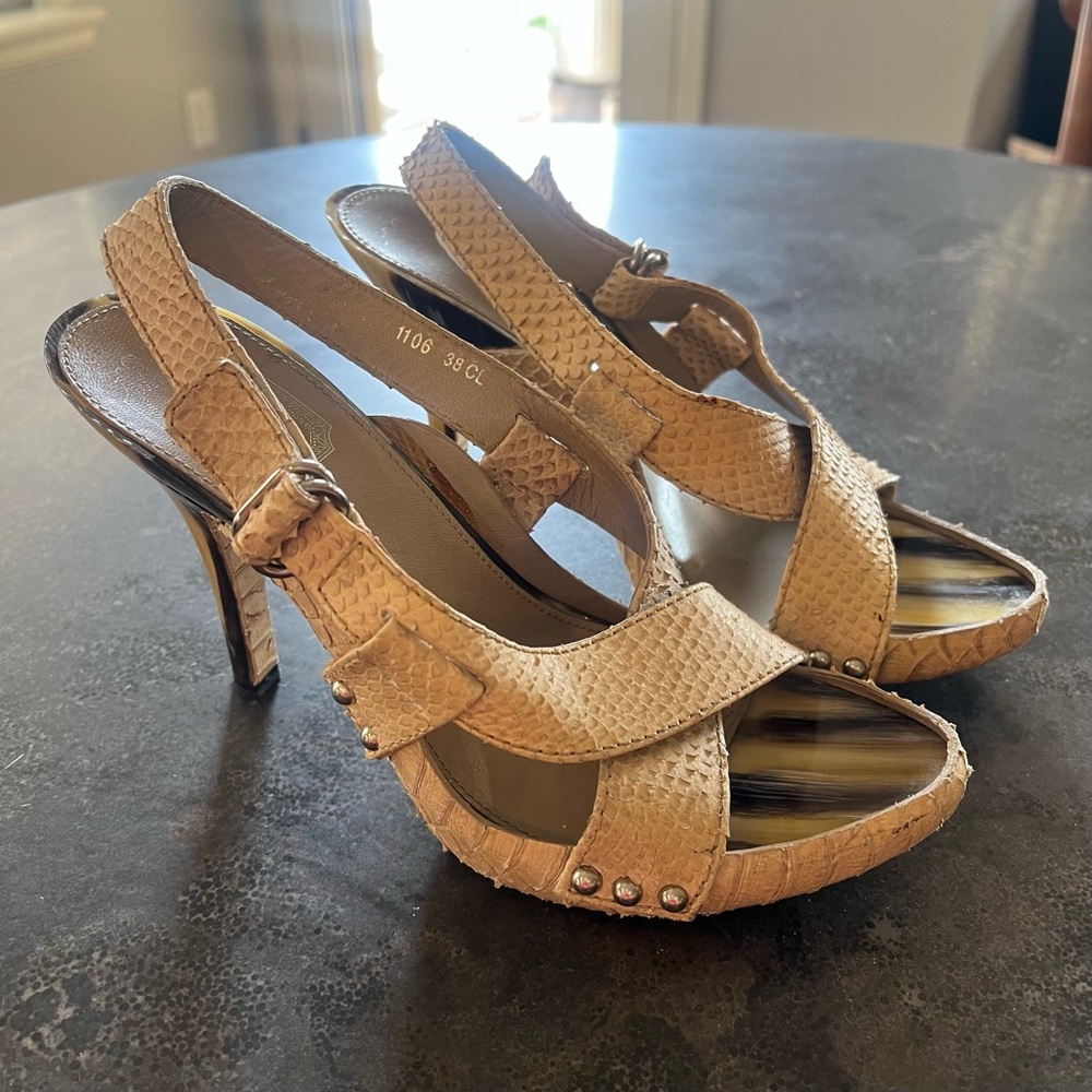 Christian Dior Vintage Python Snakeskin Slingback Heels 38 Tortoise Shell Heel